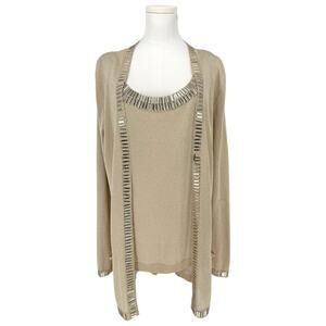 Oscar de la Renta Metallic Gold Beaded Cardigan Sweater Set Glam Holiday XL